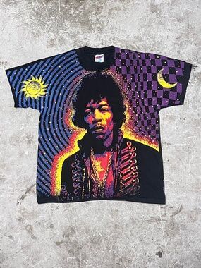 Vintage 1992 Jimi Hendrix Sun & Moon AOP T-Shirt. Sz LG Mosquito All Over Print